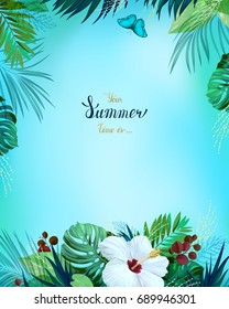 Universal invitation, congratulation card with green tropical palm, monstera leaves and hibiscus blooming flower on the blue background. Holiday banner with place for message on the summer poster.