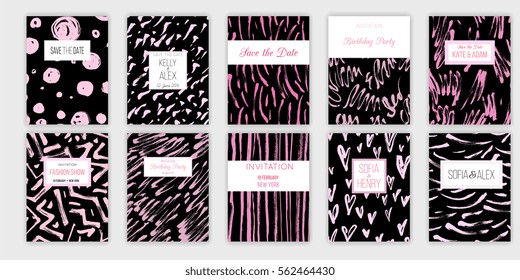 Universal invitation templates. Wedding, anniversary, birthday, party vector cards. Save the date, fashion show, company brochure, flyer designs with hand painted ink texture. Stripes, blobs, strokes.