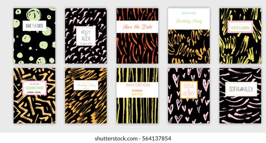 Universal invitation templates. Wedding, anniversary, birthday, party vector cards. Save the date, fashion show, company brochure, flyer designs with hand painted ink texture. Stripes, blobs, strokes.