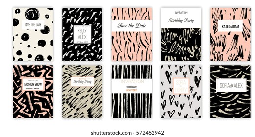 Universal invitation templates. Wedding, anniversary, birthday, party vector cards. Save the date, fashion show, brochure, flyer designs with hand painted organic ink texture. Stripes, blobs, strokes.