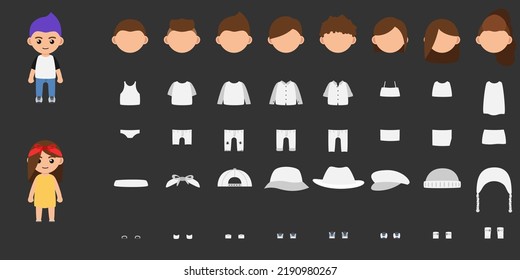 Universal Kid Character Constructor. The Game Asset Is Suitable For Female And Male Characters. Set With Different Clothes, Hairstyles, Accessories And Shoes For A Boy And A Girl