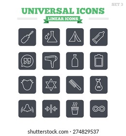 Universal linear icons set. Camping tent, bottle and hot coffee drink. Hair dryer, battery and david star. Screwdriver tool, quotes and camping tent. Thin outline signs. Flat square vector