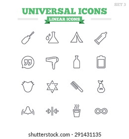 Universal linear icons set. Camping tent, bottle and hot coffee drink. Hair dryer, battery and david star. Screwdriver tool, quotes and camping tent. Thin outline signs. Flat vector