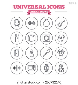 Universal linear icons set. Fitness dumbbell, home key and candle. Toilet paper, knife and fork. Microwave oven. Thin outline signs. Flat vector