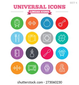 Universal linear icons set. Fitness dumbbell, home key and candle. Toilet paper, knife and fork. Microwave oven. Thin outline signs. Flat circles vector