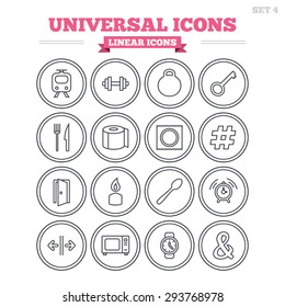 Universal linear icons set. Fitness dumbbell, home key and candle. Toilet paper, knife and fork. Microwave oven. Thin outline signs. Flat vector