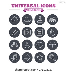 Universal linear icons set. House building, speech bubbles and first aid box. Copy documents, like counter and hot coffee drink. Map pointer, arrow and favorite star. Thin outline signs. Flat circle