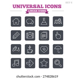 Universal linear icons set. House building, speech bubbles and first aid box. Copy documents, like counter and hot coffee drink. Map pointer, arrow and favorite star. Thin outline signs. Flat square