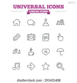 Universal linear icons set. House building, speech bubbles and first aid box. Copy documents, like counter and hot coffee drink. Map pointer, arrow and favorite star. Thin outline signs. Flat vector