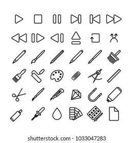 Universal linear icons set for mobile and web apps on a white background music buttons and paint tools
