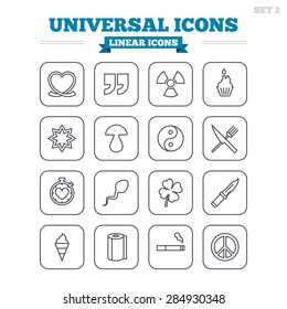 Universal linear icons set. Quotes, ribbon heart and cake. Clover, mushroom and ice cream. Smoking, knife and fork. Thin outline signs. Flat square vector