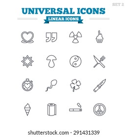 Universal linear icons set. Quotes, ribbon heart and cake. Clover, mushroom and ice cream. Smoking, knife and fork. Thin outline signs. Flat vector