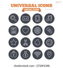Universal linear icons set. Smartphone, mail and musical note. Heart, globe and share symbols. Paperclip, scissors and water drop. Thin outline signs. Flat circle vector