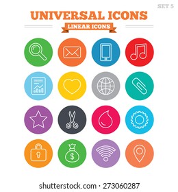 Universal linear icons set. Smartphone, mail and musical note. Heart, globe and share symbols. Paperclip, scissors and water drop. Thin outline signs. Flat circles vector