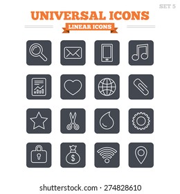 Universal linear icons set. Smartphone, mail and musical note. Heart, globe and share symbols. Paperclip, scissors and water drop. Thin outline signs. Flat square vector