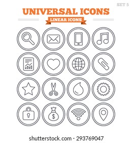 Universal linear icons set. Smartphone, mail and musical note. Heart, globe and share symbols. Paperclip, scissors and water drop. Thin outline signs. Flat vector