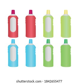 Universal liquid for cleaning surfaces. Cartoon detergent bottles / cleaning supplies. Four different kinds with labels and without. Bright colors. Vector illustration EPS 10.