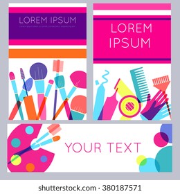 Universal makeup, beauty theme template for poster, book cover, catalog, banner in modern flat style with makeup and hair care items. Bright colorful design, vector illustration.