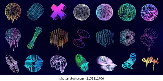 Universal memphis 3D geometric shapes with glitch and fluid effect. Retro Futuristic cyberpunk trendy elements. Vaporwave abstract liquid shapes for posters, t-shirt, flyers, merch, t-shirt. Vector 3D