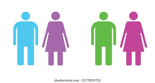 A universal men and women icon featuring two simplified human silhouettes, one masculine and one feminine shapes. Perfect for indicating restrooms, dressing rooms, or gender-specific spaces.