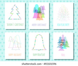 Universal minimalist card, colored transparent figure, fir, bell, line-outline flat style, Christmas and New Year, for invitations, stickers, discount sale labels, posters, web design, vector EPS10