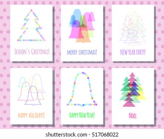 Universal minimalist card, colored transparent figure, fir, bell, line-outline flat style, Christmas and New Year. Print for invitation, sticker, discount sale label, vector EPS10