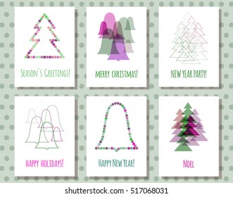 Universal minimalist card, colored transparent figure, fir, bell, line-outline flat style, Christmas and New Year. Print for invitation, sticker, discount sale label, vector EPS10