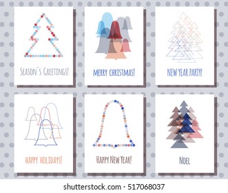 Universal minimalist card, colored transparent figure, fir, bell, line-outline flat style, Christmas and New Year. Print for invitation, sticker, discount sale label, vector EPS10