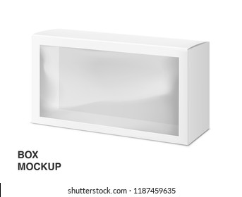 Universal mockup of blank cardboard box with transparent window. Vector illustration isolated on white background, ready and simple to use for your design. EPS10. 