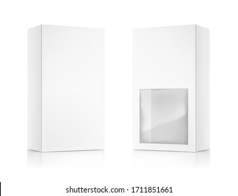 Universal mockup of blank cardboard box with transparent window. Vector illustration isolated on white background, ready and simple to use for your design. EPS10.	