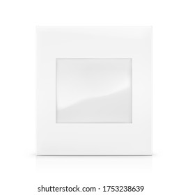 Universal mockup of blank cardboard box with transparent window. Vector illustration isolated on white background, ready and simple to use for your design. EPS10.	