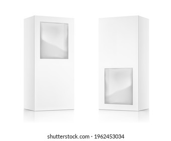 Universal mockup of blank cardboard box with transparent window. Vector illustration isolated on white background, ready and simple to use for your design. EPS10.