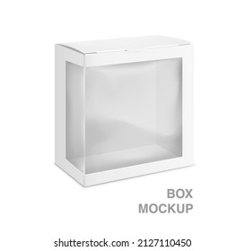 Modelo universal de caja de cartón en blanco con ventana transparente. Ilustración vectorial aislada en fondo blanco, lista y fácil de usar para su diseño. EPS 10