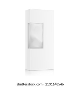 Universal mockup of blank cardboard box with transparent window. Vector illustration isolated on white background, ready and simple to use for your design. EPS 10	