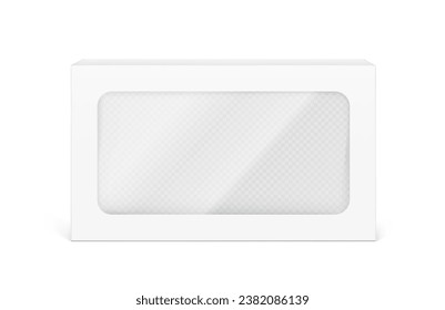 Universal mockup of blank cardboard box with transparent window. Vector illustration isolated on white background, ready and simple to use for your design. EPS10. 