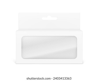 Universal mockup of blank cardboard box with transparent window and hang slot. Vector illustration isolated on white background, ready and simple to use for your design. EPS10.