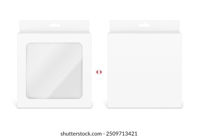 Maqueta universal de caja de cartón en blanco con ventana transparente y ranura para colgar. Ilustración vectorial aislada sobre fondo blanco, lista y simple de usar para su diseño. EPS10.