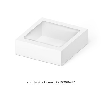 Universal mockup of blank cardboard box with transparent window. Vector illustration isolated on white background, ready and simple to use for your design. EPS10. 