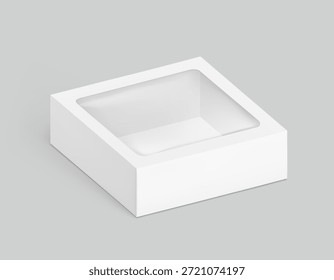 Mockup universal de caixa de papelão em branco com janela transparente. Ilustração vetorial isolado em fundo cinza, pronto e simples de usar para o seu design. EPS10 