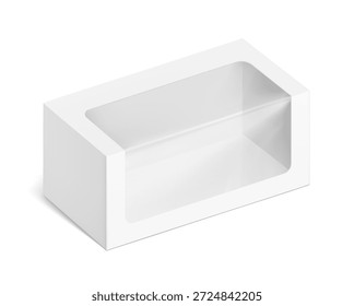 Maqueta universal de caja de cartón en blanco con ventana transparente. Ilustración vectorial aislada sobre fondo blanco, lista y simple de usar para su diseño. EPS10. 