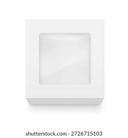 Universal mockup of blank cardboard box with transparent window. Vector illustration isolated on white background, ready and simple to use for your design. EPS10. 