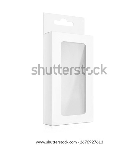 Universal mockup of blank cardboard box with transparent window and hang slot. Vector illustration isolated on white background, ready and simple to use for your design. EPS10.