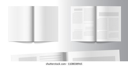 Universal mockup of blank open magazine. Vector illustration isolated on white background, ready and simple to use. EPS10.
