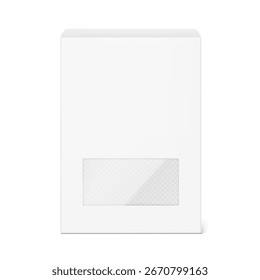 Universal mockup of blank paperboard box with transparent window. Vector illustration isolated on white background. Ready and simple to use for your design. EPS10.	
