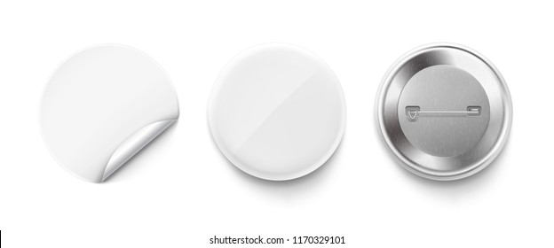 Universal mockup of white badge with sticker. Vector realistic illustration on white background, ready and simple to use for your design. EPS10.