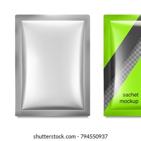 Universal mockups of blank packaging sachet. Vector illustration isolated on white background, ready and simple to use for your design. The mock-up will make the presentation look realistic possible.