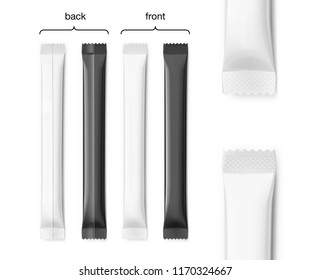 Universal mockups of blank packaging sticks. Front and back view. Vector illustration isolated on white background, ready and simple to use for your design. EPS 10.