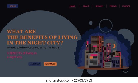 A universal model of a site with a city landscape. Vector graphics in the style of the flat. Web page with illustration of skyscrapers.