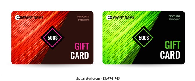 Universal modern design of standard and premium gift card. Bright shiny striped on dark  background. Vector template for advertising your business.