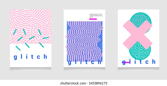 Universal Modern Geometric Poster Set with Chaotic Glitch Art composition in Pastel colors. Vector abstract design template for web banner, music cover, background in Vaporwave/ cyberpunk style.